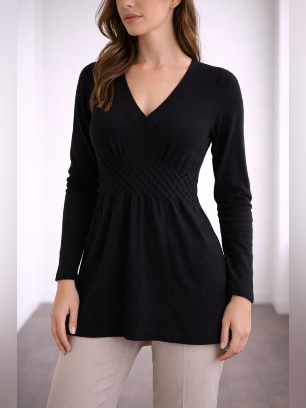 White House Black Market Silk & Cashmere Black Tunic Sweater Quiet Luxury XL